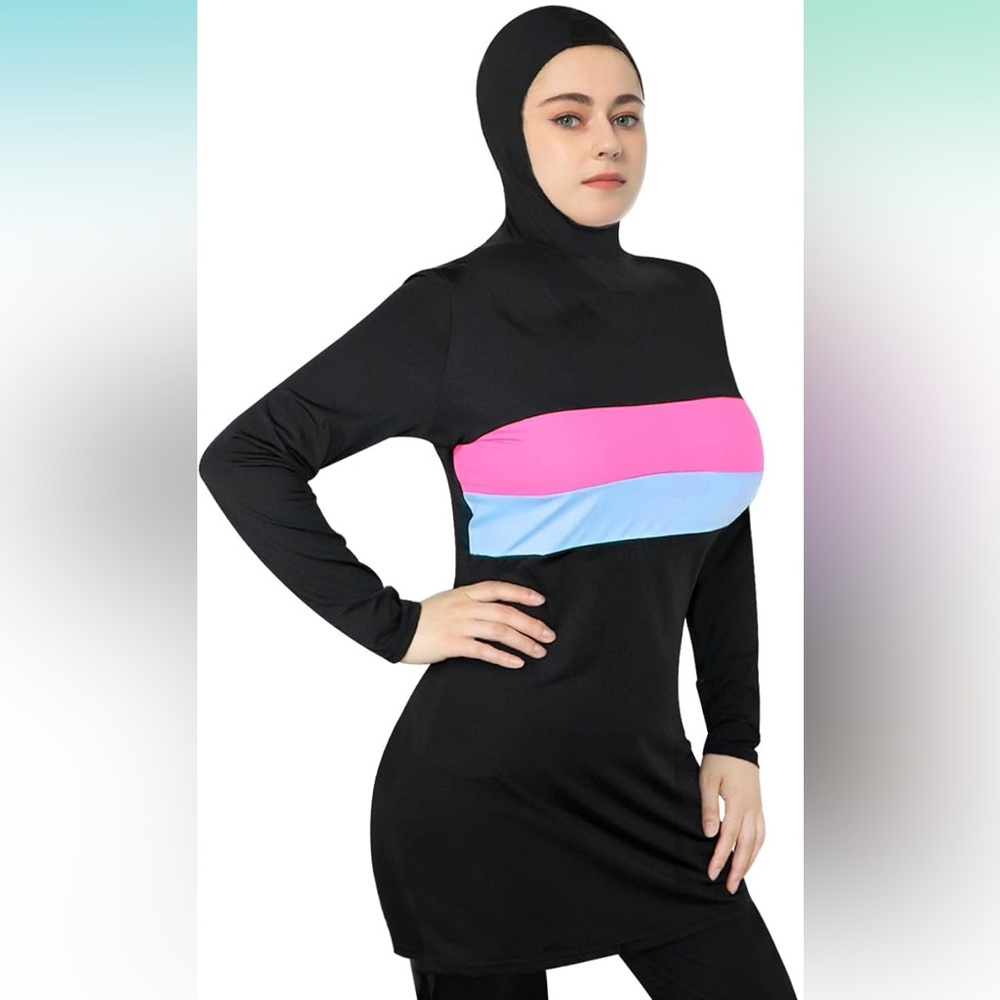 Women's Black Swimwear with Pink and Blue Accents
